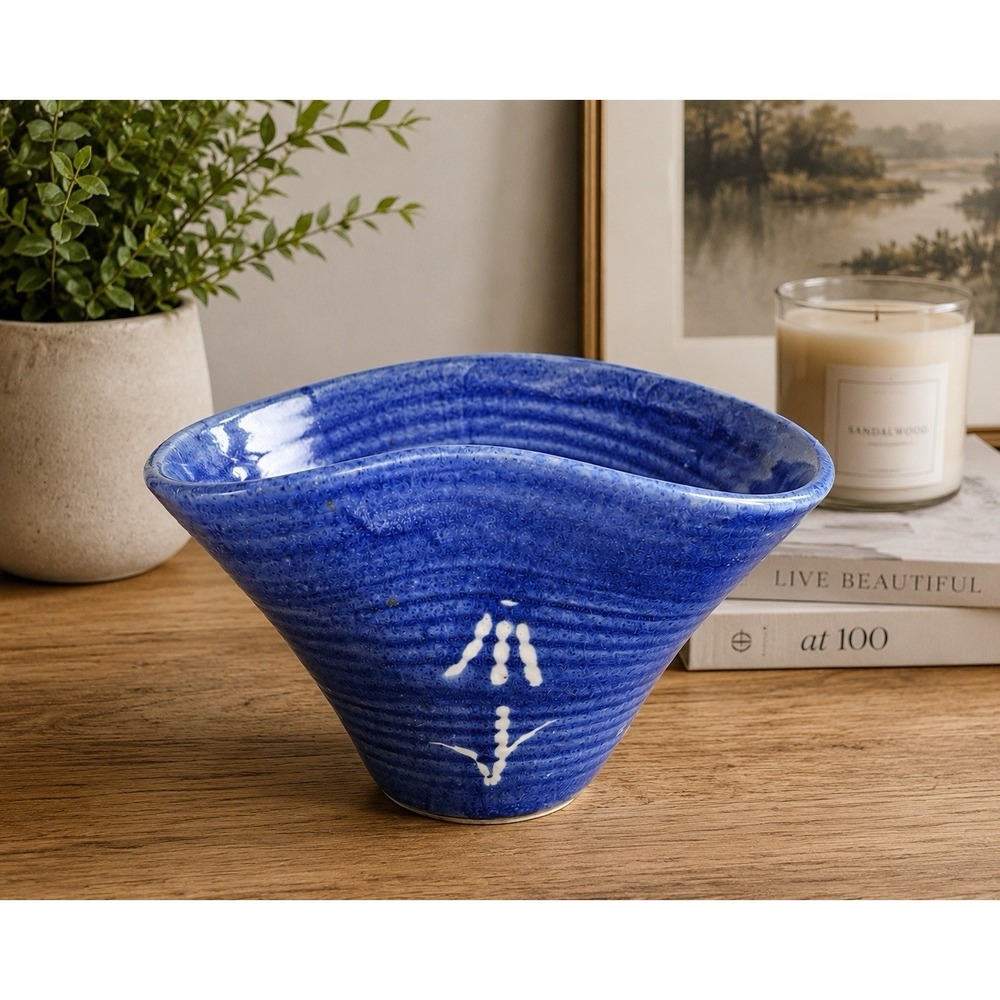 Handmade Studio Pottery Blue Ceramic Bowl Art Pottery Centerpiece Signed